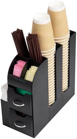 Mind Reader Cup and Condiment Station, Countertop Organizer, Coffee Bar, Kitchen, Stirrers, 5.35"W x 11.25"L x 11.15"H, Black