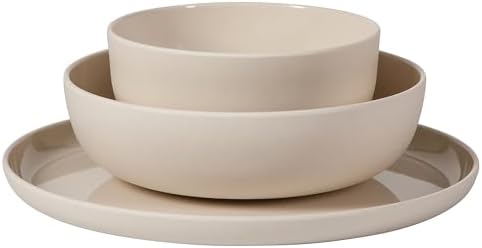 Gibson Home Candy Skies 12 Piece Unbreakable Wheat Straw Melamine Plates and Bowls Dinnerware Set - Outdoor, Camping, & Everyday Use - Matte Exterior/Shiny Interior Taupe Cream