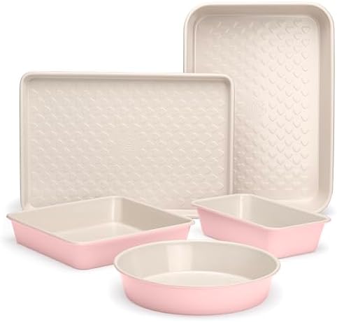 Paris Hilton 5-Piece Baking Pans Set, Nonstick Heart Pattern Bakeware Set with Heavy Duty Carbon Steel, Includes Square Pan, Round Pan, Loaf Pan, Roasting Pan & Cookie Sheet, 5-Piece, Pink