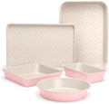 Paris Hilton 5-Piece Baking Pans Set, Nonstick Heart Pattern Bakeware Set with Heavy Duty Carbon Steel, Includes Square Pan, Round Pan, Loaf Pan, Roasting Pan & Cookie Sheet, 5-Piece, Pink