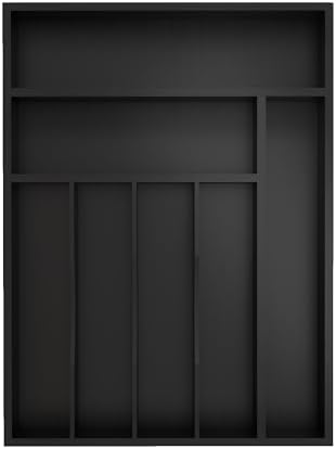 Silverware Organizer, Bamboo Kitchen Drawer Organizer, Utensil Holder, Cutlery Tray & Spoon Flatware Storage with Grooved Drawer Dividers (Black, 12''W x 16.5''D)