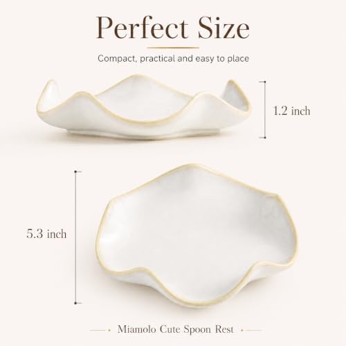 Miamolo Spoon Rest for Stove Top, Spoon Holder for Stove, 5.3In Ceramic Spoon Rest for Kitchen Counter, Coffee Spoon Holder with Ruffled Edge, Farmhouse Spatula Holder for Kitchen Decor, Beige