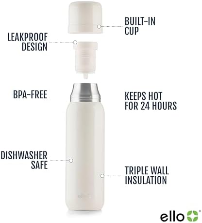 Ello Therma 32oz Insulated Stainless Steel Thermos with Cup Lid, Cream