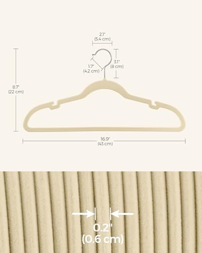 SONGMICS Velvet Hangers 50 Pack, Non-Slip Clothes Hangers with Shoulder Notches, Pants Bar, 360° Swivel Hook, Space-Saving, for Closet, Summer Sand UCRF029K05
