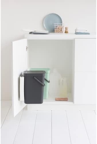 Brabantia Sort & Go Built-in Cupboard Recycling Cans (2 x 3.2 Gal/Dark Gray & Jade Green) Double Door Mounted Trash Organisers with Handles & Removable Lids