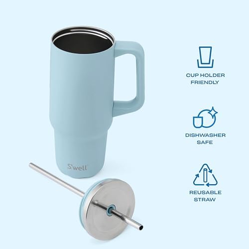 S'well Recycled Stainless Steel Tumbler XL with Straw and Handle, 30oz, Powder Blue, Triple Layered Vacuum Insulated Container Keeps Drinks Cold 36 hours and Hot for 9, BPA Free