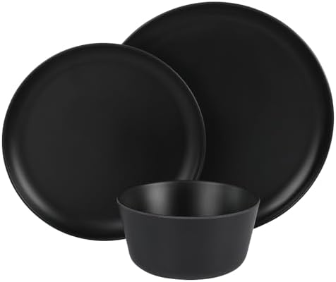 Gibson Home Fairhope 12-Piece Matte Black Melamine Dinnerware Set – Durable Lightweight Plates and Bowls, Kitchen Dining Set