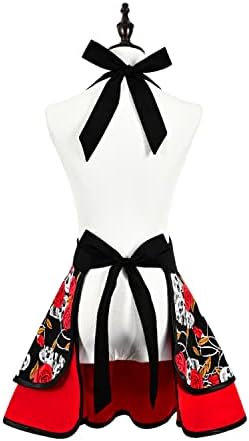Violet Mist Halloween Apron Cute Lovely Retro Aprons for Women Girls Ladies Sexy Vintage Aprons 50s Floral Skeleton Apron Cooking Kitchen Skull Ruffle Witch Apronn for Housewife Waitress Mother's Day