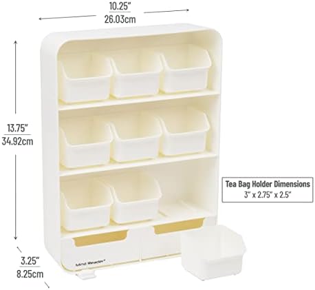 Mind Reader Tea Bag Organizer, Tea Station Organizer, Countertop Storage, Kitchen, Plastic, 10.25"L x 3.25"W x 13.75"H, White