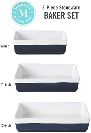 MARTHA STEWART 3-Piece Oven to Table Stoneware Bakeware Set – Baking Dish & Casserole Set – Cobalt Blue – Durable Oven-Safe Bakeware for Baking and Serving