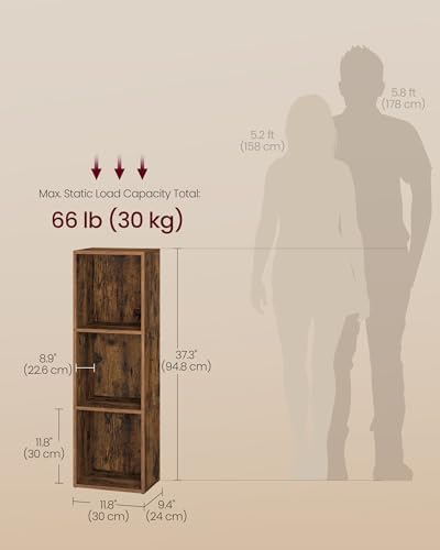 VASAGLE Bookshelf, 3-Tier Bookcase, 11.8 x 9.4 x 37.3 Inches