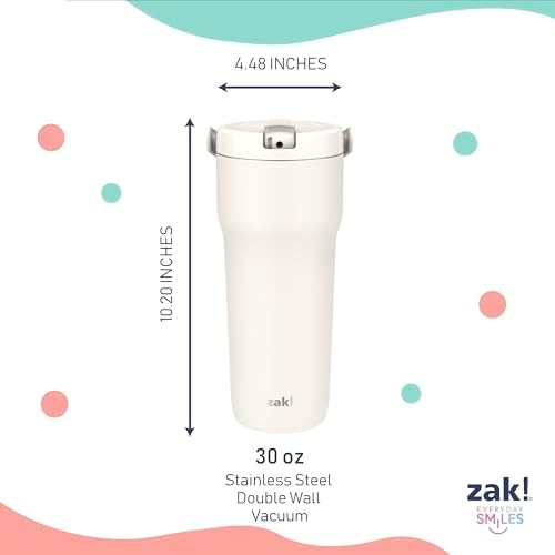 Zak Designs Sutton Travel Tumbler for On the Go, 30oz Stainless Steel with Vacuum Insulation, Straw Spout, Carry Handle for Cold Drinks (Cream White)