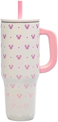 Zak Designs Disney Sutton Travel Tumbler for On the Go or At Home, 40oz Stainless Steel with Vacuum Insulation, Silicone Straw, Carry Handle, and 3D Artwork for Cold Drinks (Minnie Mouse)
