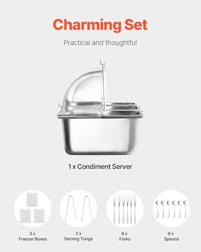 VEVOR Countertop Food Serving Display Container, 6 Pan Stainless Steel Food Serving Tray, Buffet Condiment Dispenser Display Rack with Clear Lid & 3 Freezer Boxes, for Restaurant Hotel Kitchen Party