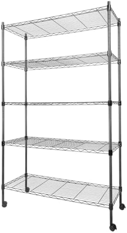 Whitmor 5 Tier Metal Storage Shelves, Heavy Duty with 4 Wheels & Adjustable Feet, 400 lbs Capacity per Shelf, Max 2000 lbs Total for Home, Garage, Workshop, 36" L x 14" W x 60" H, Black