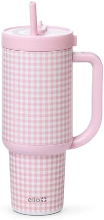 Ello Oasis 30oz Insulated Stainless Steel Tumbler with Straw, Pink Gingham