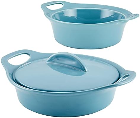 Rachael Ray Solid Glaze Ceramics Casserole Bakeware/Baker Set with Shared Lid, 3 Piece, Agave Blue