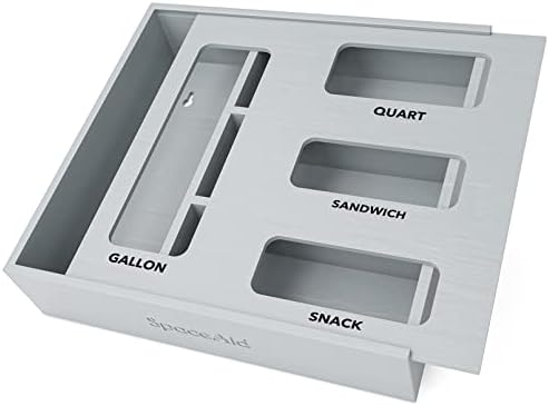 SpaceAid Bag Storage Organizer for Kitchen Drawer, Bamboo Organizer, Compatible with Gallon, Quart, Sandwich and Snack Variety Size Bag (1 Box 4 Slots), Gray