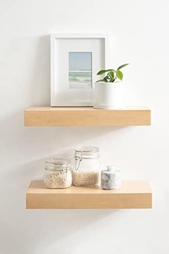 Kate and Laurel Havlock Modern Natural Floating Shelves; Set of 2; 18 x 8; Natural Wood; Mid-Century Bathroom and Kitchen Shelves for Storage and Display Decor