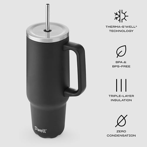 S'well Recycled Stainless Steel Tumbler XL with Straw and Handle, 40oz, Onyx, Triple Layered Vacuum Insulated Container Keeps Drinks Cold 50 hours and Hot for 10, BPA Free