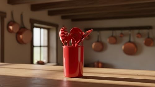 Reston Lloyd 6 Piece Kitchen Utensil Holder for Kitchen Counter, Utensils Crock with Heat Resistant Spoon, Slotted Spoon, Ladle, Spatula BPA Free, Red