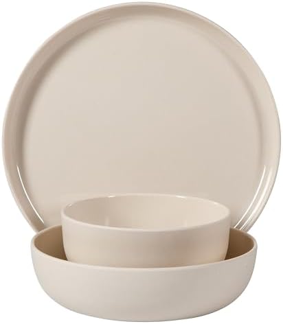 Gibson Home Candy Skies 12 Piece Unbreakable Wheat Straw Melamine Plates and Bowls Dinnerware Set - Outdoor, Camping, & Everyday Use - Matte Exterior/Shiny Interior Taupe Cream