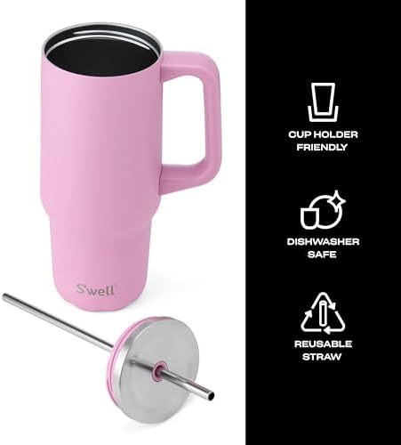 S'well Recycled Stainless Steel Tumbler XL with Straw and Handle, 30oz, Hydrangea Pink, Triple Layered Vacuum Insulated Containers Keeps Drinks Cold for 36 hours and Hot for 9