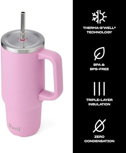 S'well Recycled Stainless Steel Tumbler XL with Straw and Handle, 30oz, Hydrangea Pink, Triple Layered Vacuum Insulated Containers Keeps Drinks Cold for 36 hours and Hot for 9