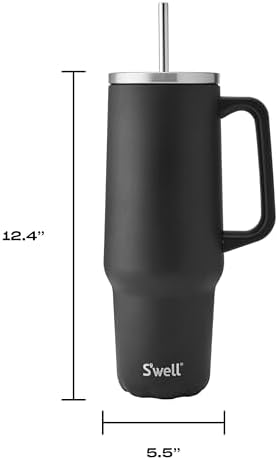 S'well Recycled Stainless Steel Tumbler XL with Straw and Handle, 40oz, Onyx, Triple Layered Vacuum Insulated Container Keeps Drinks Cold 50 hours and Hot for 10, BPA Free