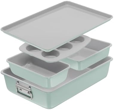 T-fal Refresh Ceramic Nonstick Baking Pans Set (5 Pieces), Roaster, 6-Cup for Muffins, Loaf, Square Baking Sheets Non Stick, Stackable Bakeware Sets, Mint Green