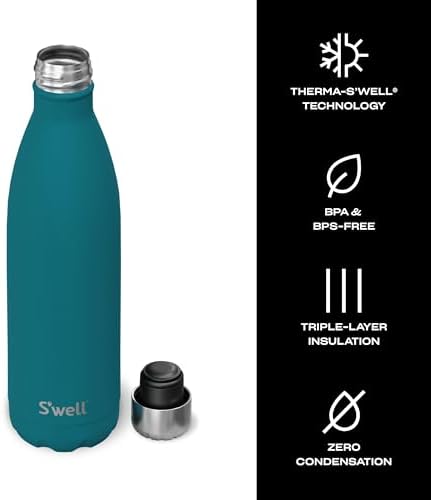 S'well Stainless Steel Water Bottle, 25oz, Peacock Blue, Triple Layered Vacuum Insulated Containers Keeps Drinks Cold for 48 Hours and Hot for 24, BPA Free, Perfect for On the Go
