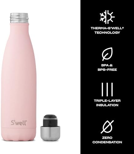 S'well Stainless Steel Water Bottle - 17 Fl Oz - Pink Topaz - Triple-Layered Vacuum-Insulated Containers Keeps Drinks Cold for 36 Hours and Hot for 18 - BPA-Free - Perfect for the Go