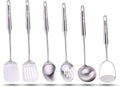 Millvado Stainless Steel Kitchen Utensil Set, Cooking Utensils, Set of 6 Kitchen Tools, Solid Spoon, Slotted Spoon, Solid Turner, Slotted Turner, Soup Ladle, Potato Masher, Dishwasher Safe