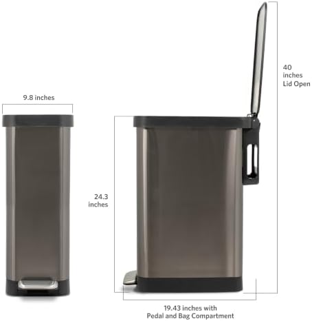Glad Stainless Steel Slim Trash Can with Clorox Odor Protection - Narrow Kitchen Garbage Bin with Soft Close Lid, Step On Foot Pedal and Waste Bag Roll Holder, Pewter, 12 Gallon/45 Liter