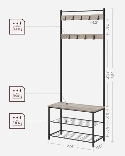 VASAGLE Coat Rack, Hall Tree with Shoe Storage Bench, 3-in-1, Steel Frame