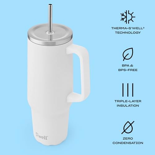 S'well Recycled Stainless Steel Tumbler XL with Straw and Handle, 40oz, Moonstone, Triple Layered Vacuum Insulated Container Keeps Drinks Cold 50 hours and Hot for 10, BPA Free