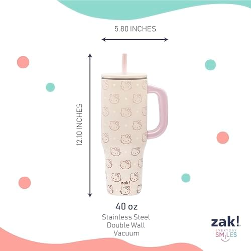 Zak Designs Sanrio Sutton Travel Tumbler for On the Go or At Home, 40oz Stainless Steel with Vacuum Insulation, Silicone Straw, and Carry Handle for Cold Drinks (Hello Kitty)
