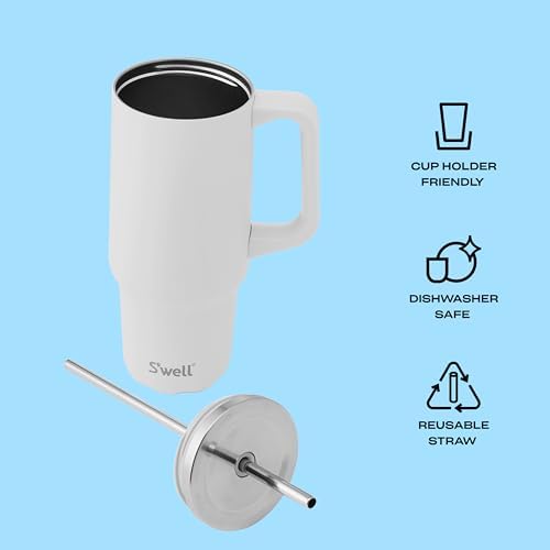 S'well Recycled Stainless Steel Tumbler XL with Straw and Handle, 30oz, Moonstone, Triple Layered Vacuum Insulated Container Keeps Drinks Cold 36 hours and Hot for 9, BPA Free