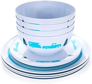 Camco Life is Better at The Campsite Dishware Set | Includes (4) Large Dinner Plates, (4) Small Salad Plates and (4) Bowls | Top Rack Dishwasher Safe | Blue Tree and Truck Design (53294)