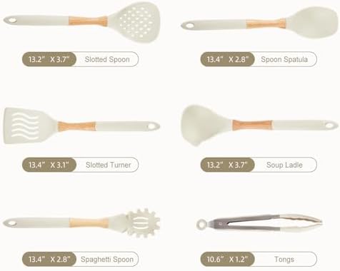 Kitchen Utensils Set - 7 PCS Non-Stick Silicone Cooking Utensils Set Spatula Set with Holder, Wooden Handle Spoon,Tongs,Whisk Kitchen Gadgets Tools Set for Nonstick Cookware (Cream White-7Max)