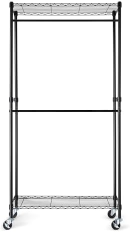 Amazon Basics Adjustable Double Rod Rolling Garment Rack, Hanging Clothes Closet Organizer with Wheels, Heavy Duty, 36" x 14" x 72", Black