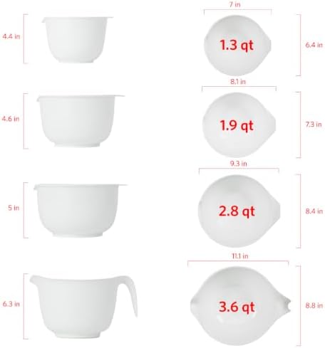 Glad Mixing Bowls with Pour Spout, Set of 4 - Nesting Plastic Bowls (1.2qt, 1.9qt, 2.8qt, and 3qt with Handle) - Non Slip Base, Dishwasher Safe Kitchen Cooking and Baking Supplies, Grey