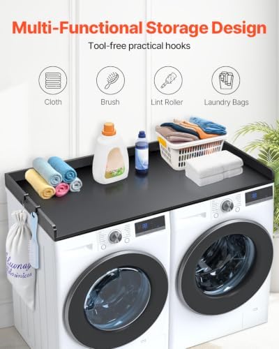 VEVOR Washer Dryer Countertop with 3 Splicing Panels, 54" x 27" Wooden Washer and Dryer Countertop with Non-Slip Pads, Water-Resistant Laundry Topper for Laundry Room Organization and Storage, Black