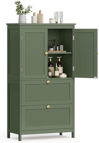 VASAGLE Bathroom Floor Cabinet with 2 Doors, 2 Drawers, Forest Green