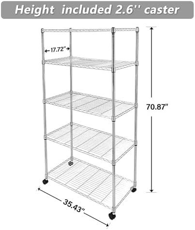 Simple Deluxe Heavy Duty 5-Shelf Storage Shelves, 1750Lb Loading Capacity, 35.43" W x 17.72" D x 70.87" H Adjustable Shelving Unit with Wheels, Chrome