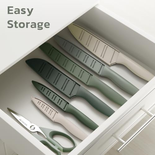 Astercook Knife Set, 13 Pieces Kitchen Knives Set with Healthy Anti-Rust Coating, Dishwasher Safe, Stainless Steel Chef Knife Sets with 6 Blade Guards, Perfect Holiday Gifts for Kitchen Green