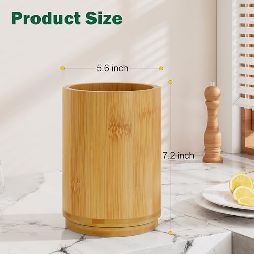 Utensil Holder, Bamboo Kitchen Utensil Holder for Countertop, 360°Rotating Cooking Utensil Crock for Kitchen Counter, 7.2" Large Utensil Organizer for Spatula