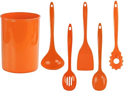 Reston Lloyd 6 Piece Kitchen Utensil Holder for Kitchen Counter, Utensils Crock with Heat Resistant Spoon, Slotted Spoon, Ladle, Spatula BPA Free, Orange