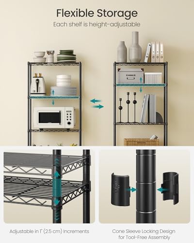 SONGMICS 4-Tier Storage Shelves, Adjustable Wire Shelving Unit, 8 Hooks