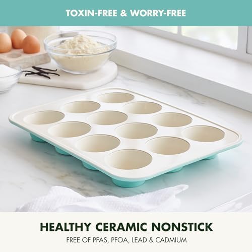 GreenPan Bakewell 12-Cup Muffin Pan, Healthy Ceramic Nonstick Bakeware, PFAS-Free Cupcake Mold, Durable Baking Tray, Versatile Kitchen Essentials, Easy Clean Ovenware, Turquoise